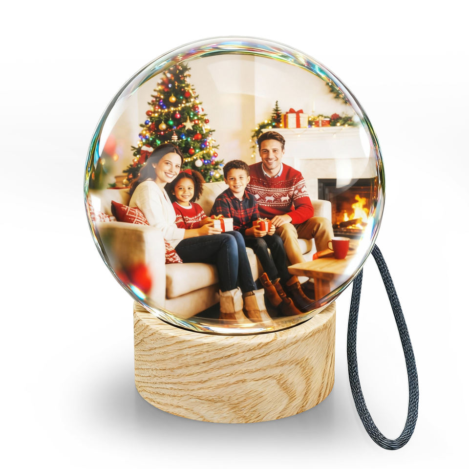keeplight orb on its wooden base showing a family video