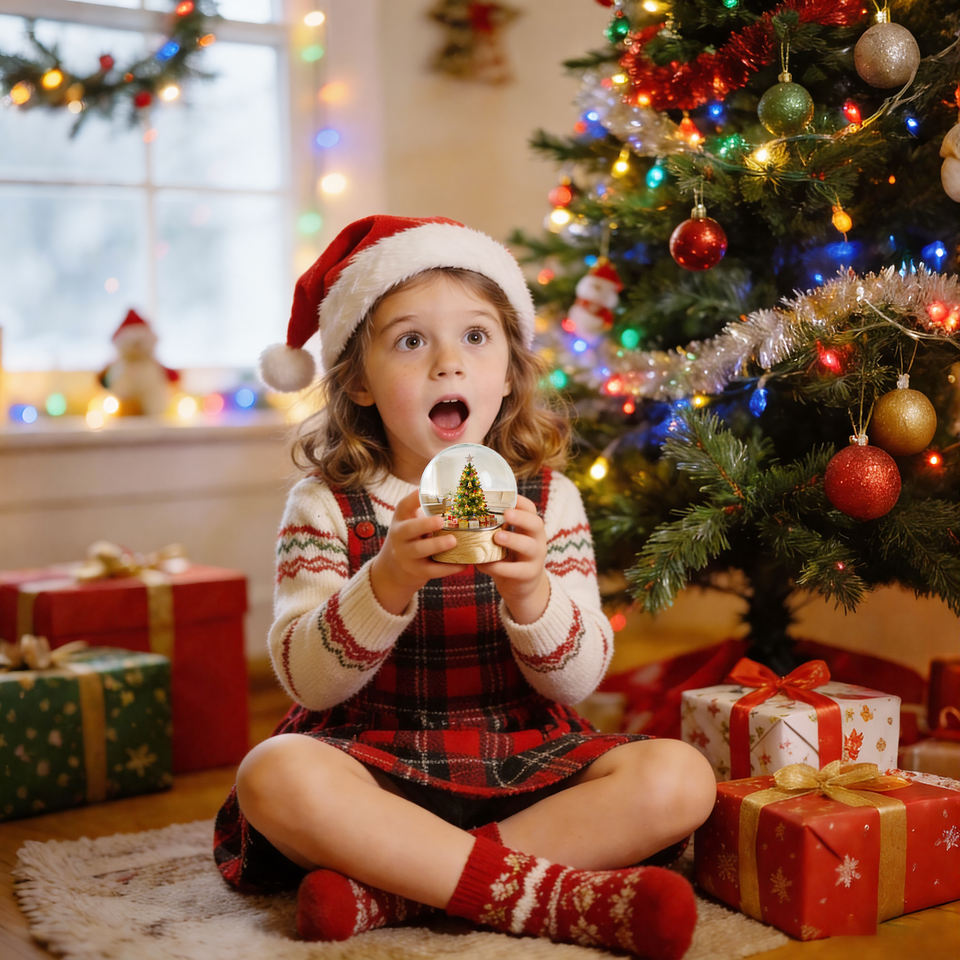 Child holding the keeplight orb by the Christmas tree