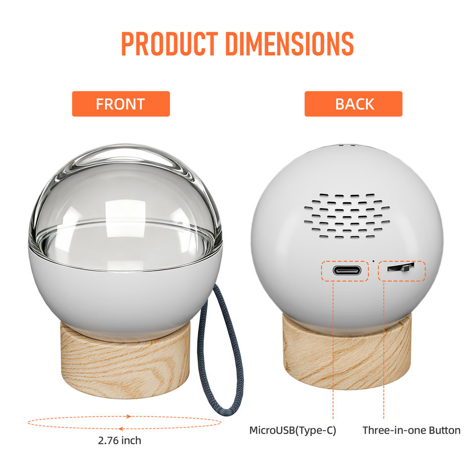 Front and back of the orb with USB-C port and button, 2.76 inches across
