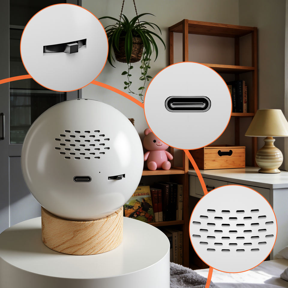 Back of the orb on a shelf: speaker, USB-C port and button